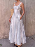 Lace Trim Square Neck Striped Midi Dress