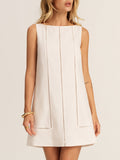 Lace Inset Sleeveless Cotton Linen Shift Dress