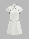 Mandarin Collar Contrast Piping Mini Dress