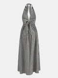 Gingham Deep V Halter Cotton Midi Dress