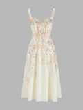Floral Bird Print Bustier Strap Midi Dress