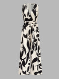 Leaf Print Belted Wide Leg Jumpsuit