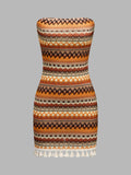 Strapless Geometric Tassel Bodycon Mini Dress