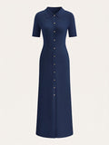 Metal Button Collar Midi Dress in Premium Fabric