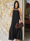 Bead Cutout Neck Crinkle Maxi Dress