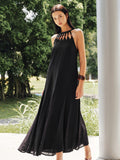 Bead Cutout Neck Crinkle Maxi Dress