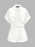 Cotton Linen Pocket Drawstring Shirt Romper