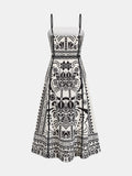 Ethnic Print Seamed Slip Midi Dress