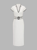 Contrast Trim Belted Pencil Midi Dress