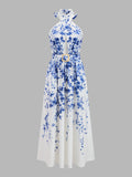 Floral Print Polka Dot Halter Belted Maxi Dress
