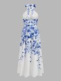 Floral Print Polka Dot Halter Belted Maxi Dress