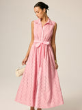 Eyelet Embroidery Belted Shirt Maxi Dress