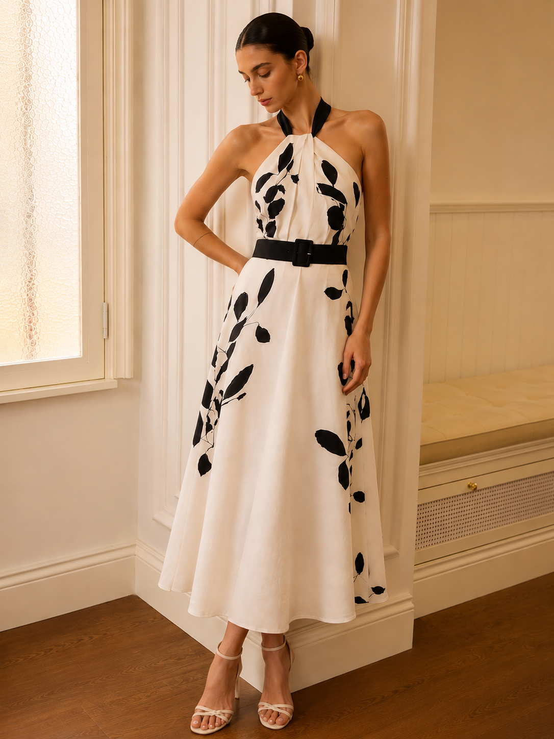 Belted Halter Leaf Print Midi Dress