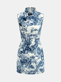 Toile Print Frog Button Sleeveless Mini Dress