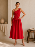 Floral Appliqué One-Shoulder Midi Dress