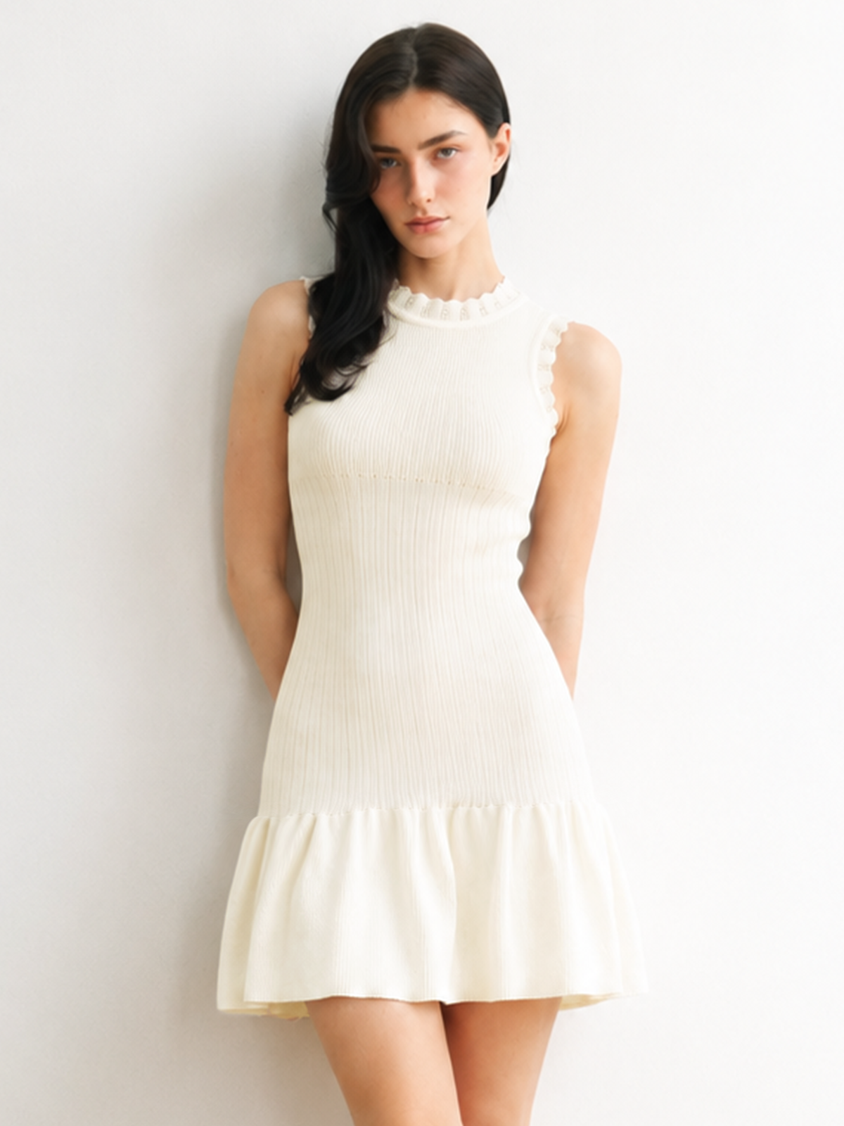 Ruffle Neck Ribbed Knit Sleeveless Mini Dress