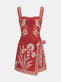 Floral Bird Print Wrap Tie Mini Dress
