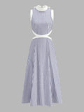 Mock Neck Waist Cutout Striped Maxi Dress