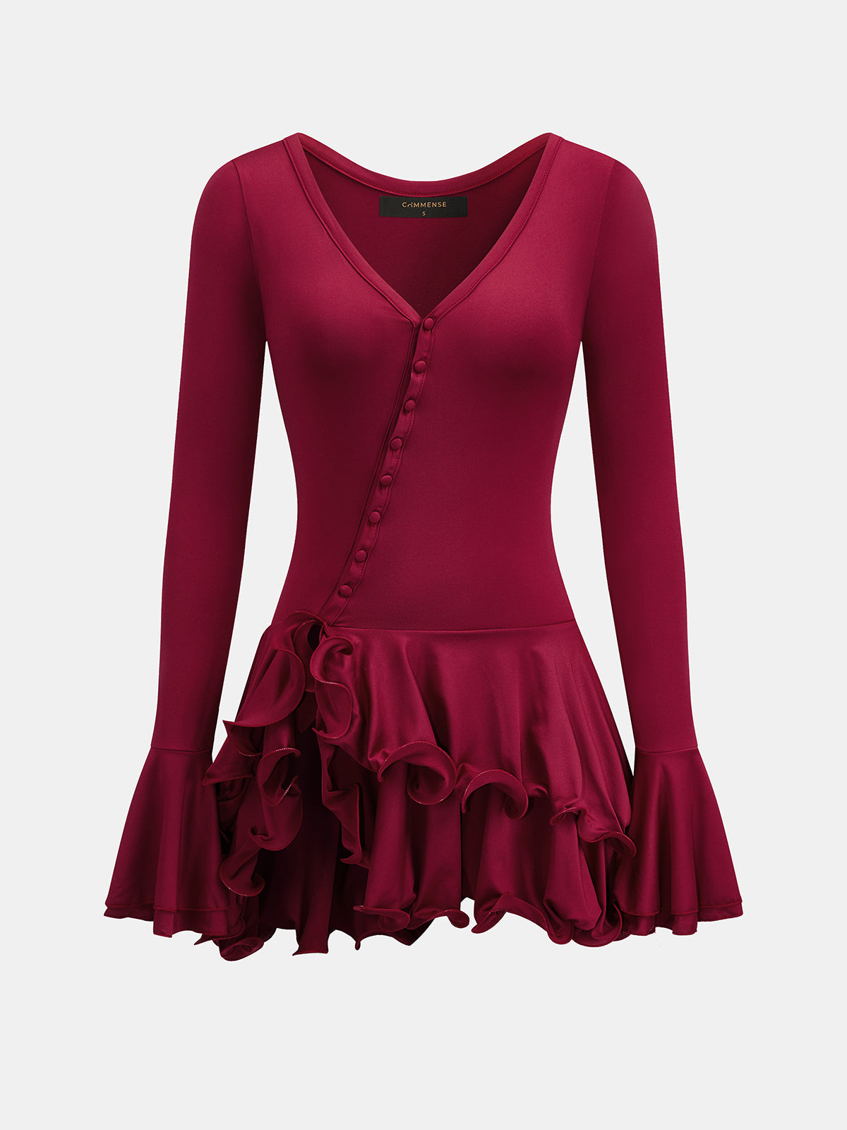 V Neck Button Flare Sleeve Ruffle Mini Dress