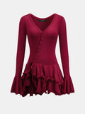 V Neck Button Flare Sleeve Ruffle Mini Dress