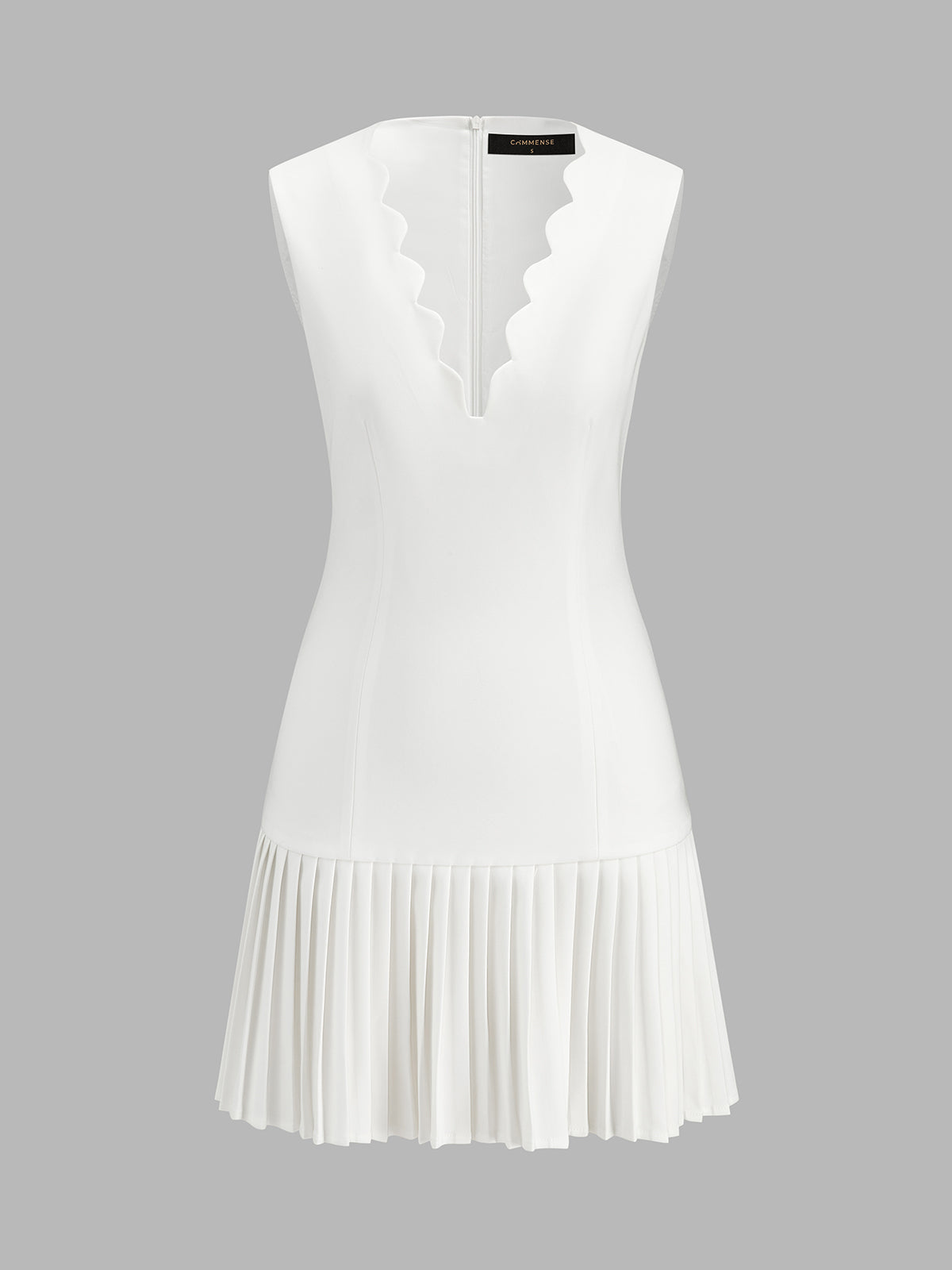 Scallop V Neck Pleated Hem Mini Dress