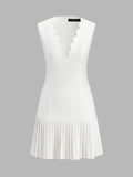 Scallop V Neck Pleated Hem Mini Dress