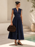 Drawstring Shoulder Lace Panel Midi Dress