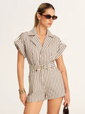 Cotton Striped Belted Lapel Romper