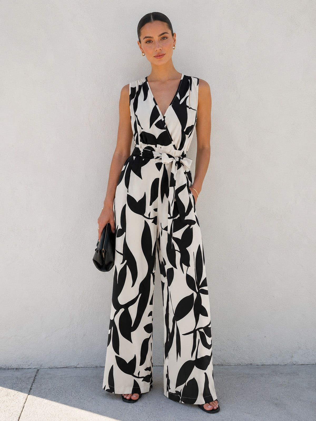 Leaf Print Belted Wide Leg Jumpsuit