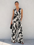 Leaf Print Belted Wide Leg Jumpsuit