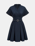 Belted Cotton Linen Pleated Mini Dress