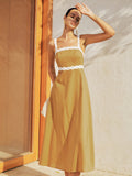 Contrast Trim Cotton Linen Midi Dress
