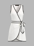 Contrast Trim Wrap Tie Sleeveless Mini Dress