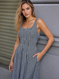 Gingham Lace Up Back Pocket Midi Dress