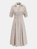 Roll Sleeve Striped Shirt Midi Dress
