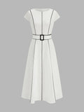 Contrast Piping Belted Cotton Linen Midi Dress