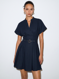Belted Cotton Linen Pleated Mini Dress