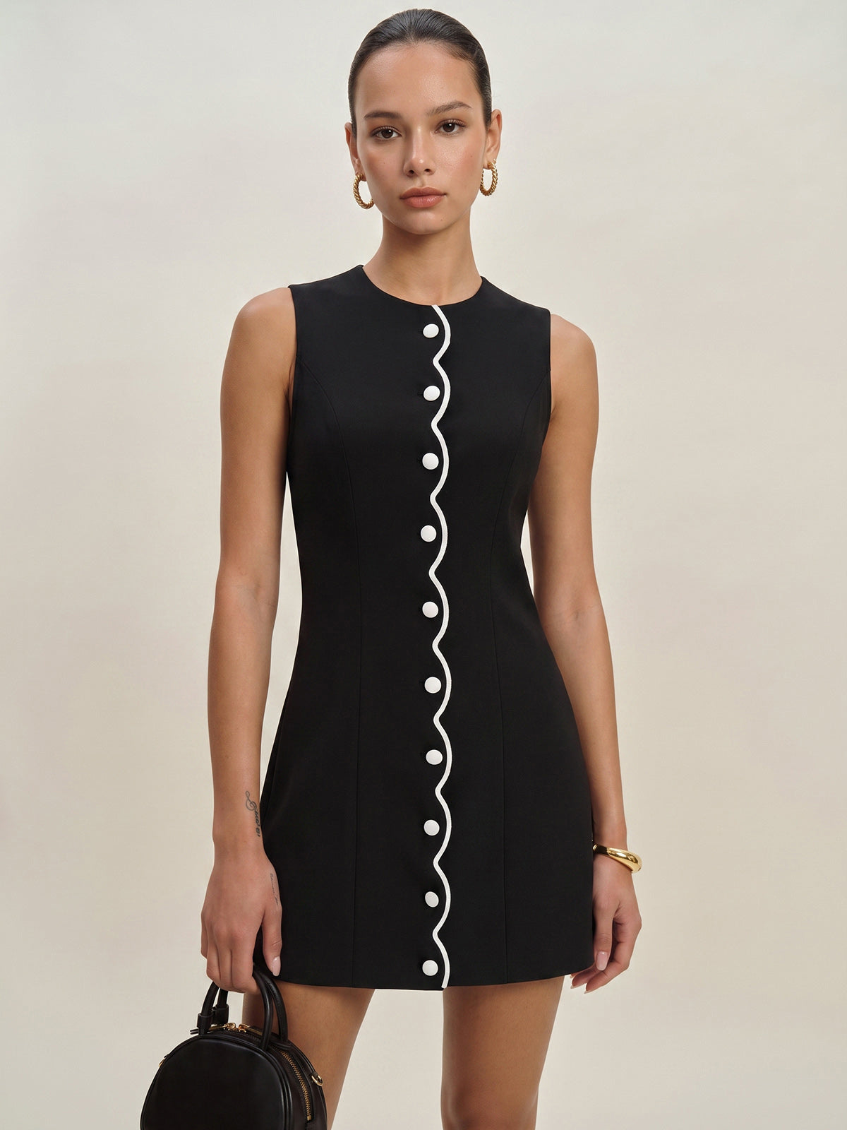 Sleeveless Buttoned Wavy Trim Mini Dress