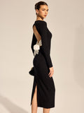 Open Back Bow Slit Long Sleeve Maxi Dress