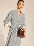 Striped Belted Tie Cuff Shirt Midi Dress