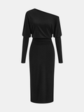Batwing Long Sleeve Slant Shoulder Bodycon Dress
