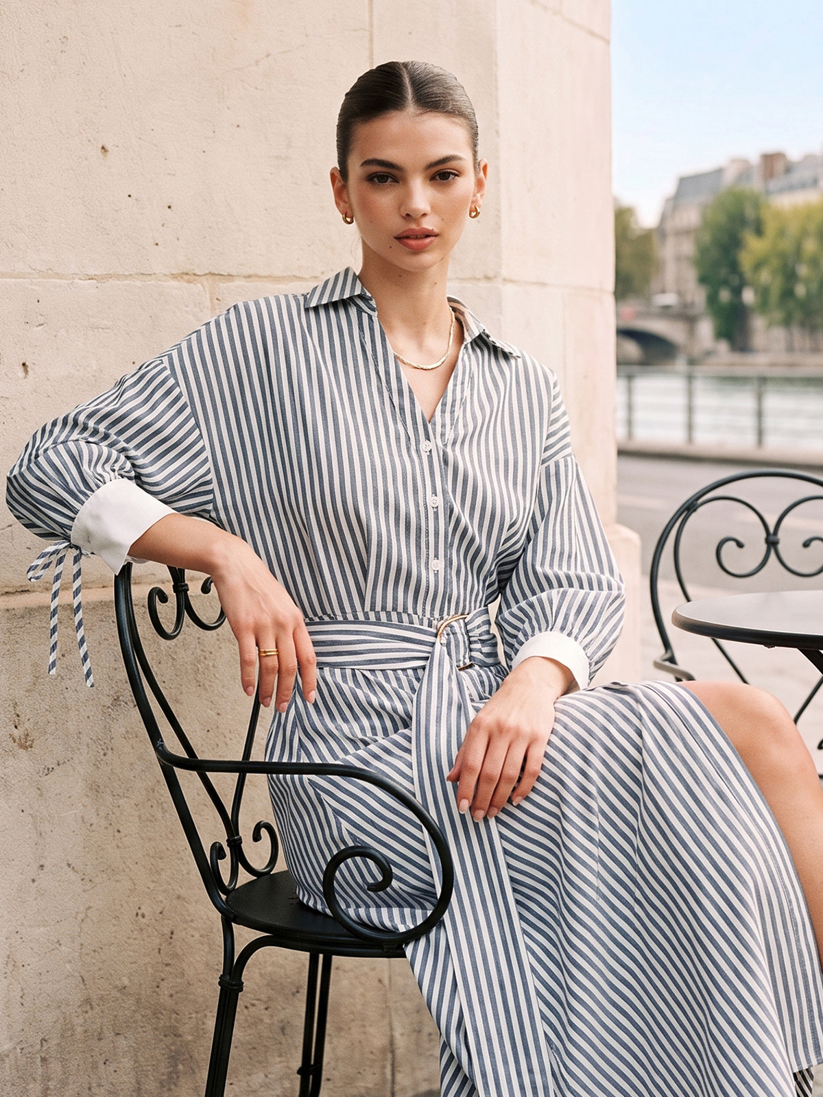 Striped Belted Tie Cuff Shirt Midi Dress