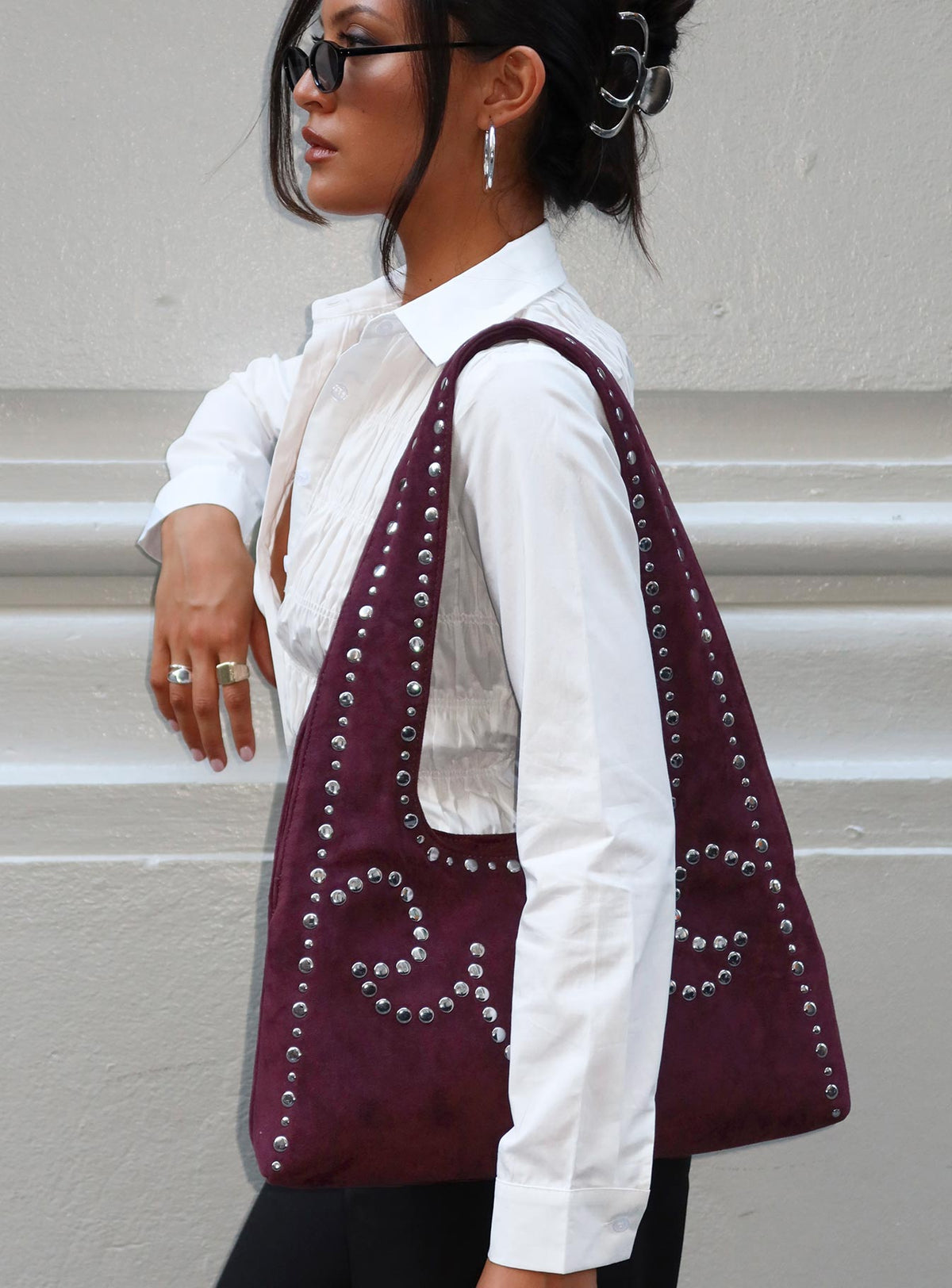 Lemoni Faux Suede Stud Bag Burgundy