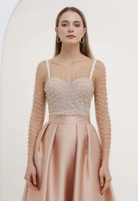 Pearl Diamond Mesh Top in Tan