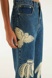 Denim Birds Embroidered Pants