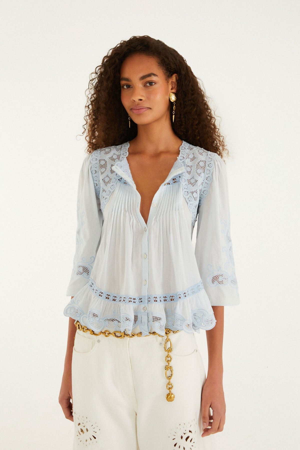 Light Blue Richelieu Short Sleeve Blouse
