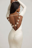 Bow-Detail Ruched Maxi Dress in Ivory