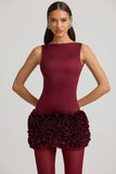 Satin Floral Appliqué Open-Back Mini Dress in Wine Red