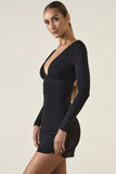 Modal Ruched Plunge A-Line Mini Dress in Black