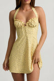 Halterneck A-Line Mini Dress in Yellow Flower Print